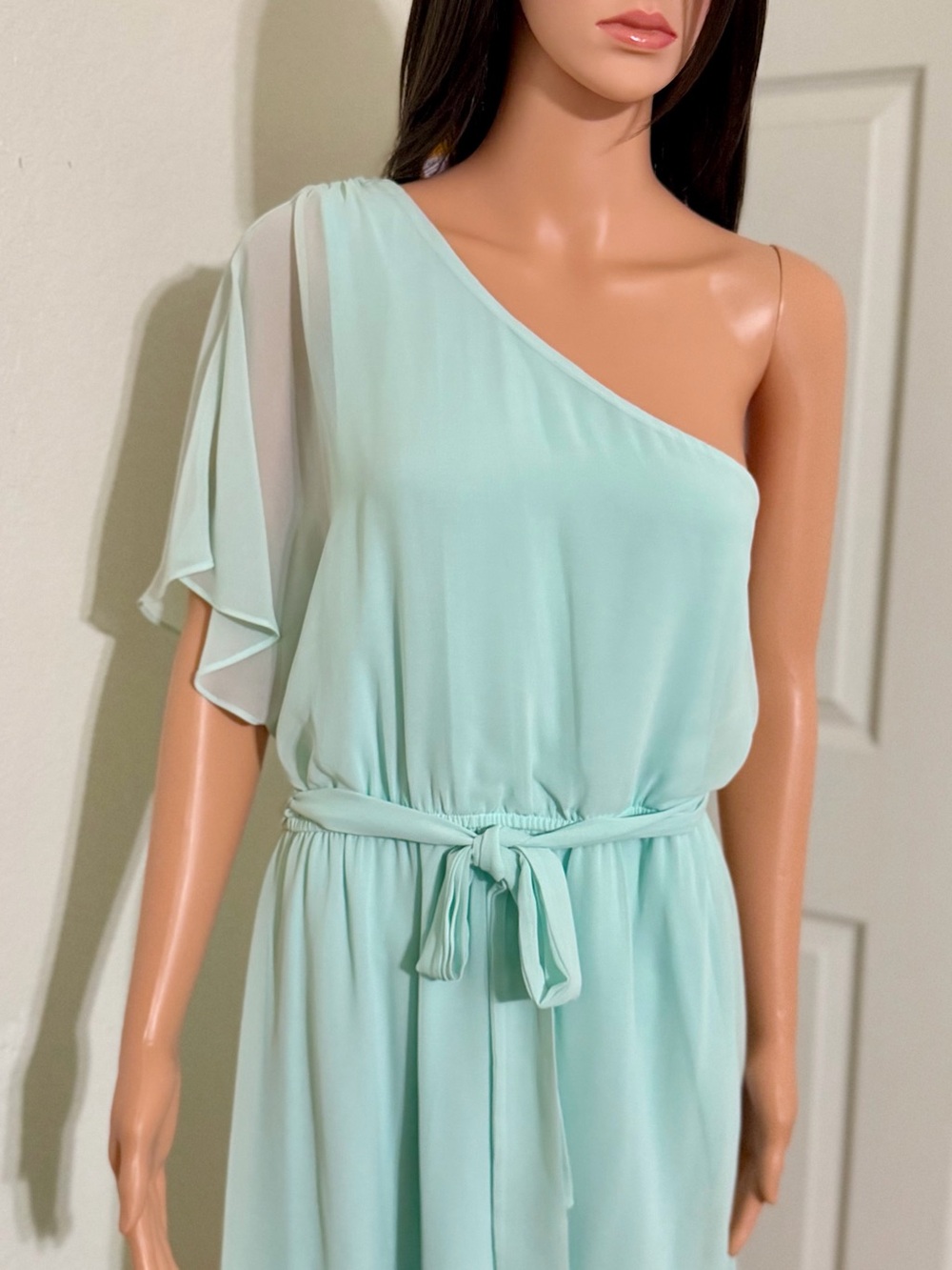 Express One-Shoulder Mint Dress with Tie Waist